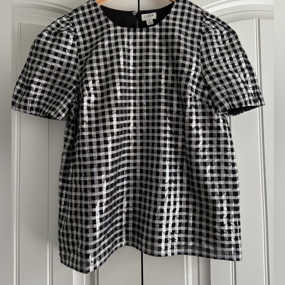 J CREW Factory NWT Shiny Black & Silver Metallic Gingham Puff Sleeve Top Size S